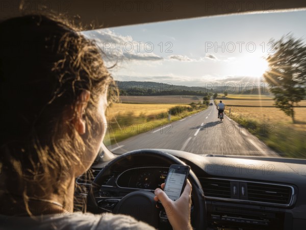 A car driver is dazzled by the sun and looks at her smartphone while driving, putting herself, the