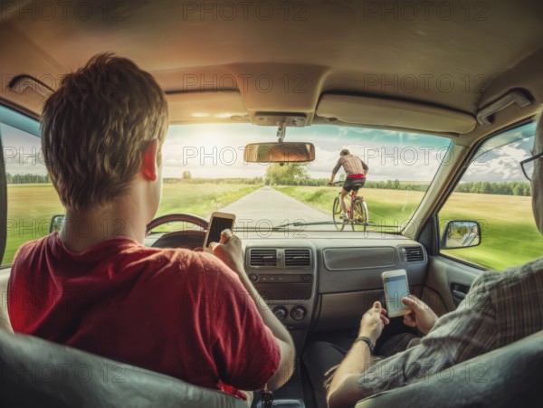 A car driver and his passenger look at their smartphones while driving and endanger themselves and