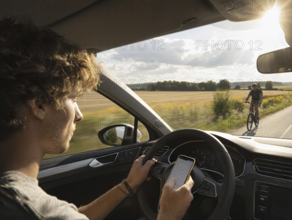 A car driver is dazzled by the sun and looks at his smartphone while driving, putting himself, the
