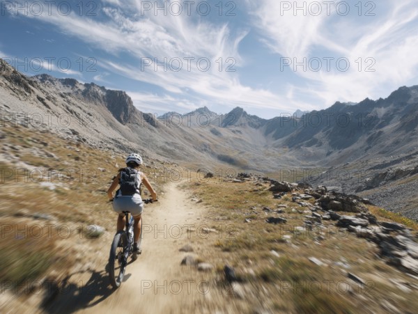 A single female mountain biker quickly rides a trail in the high mountains, motion blur, AI