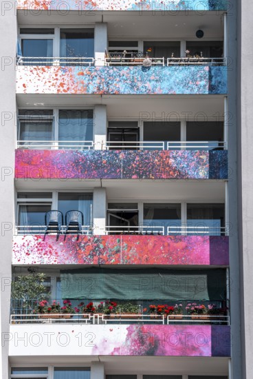 High-rise residential building, in Essen-Steele, with colourfully designed façade, balcony