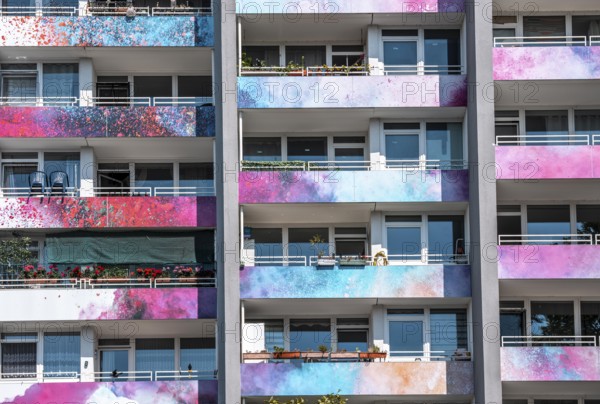 High-rise residential building, in Essen-Steele, with colourfully designed façade, balcony