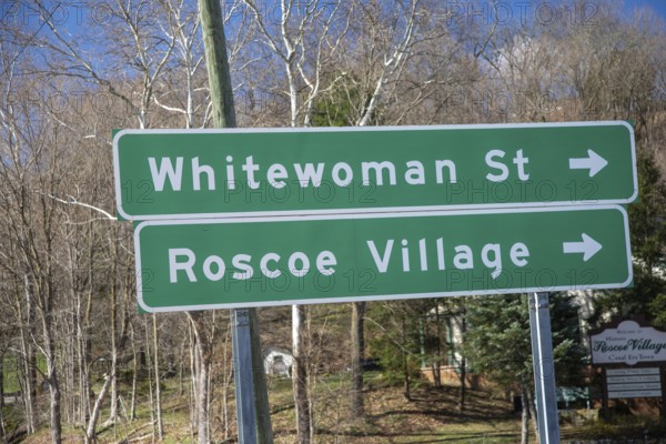Coshocton, Ohio - A sign points to Whitewoman Street in Historic Roscoe Village. Whitewoman Street