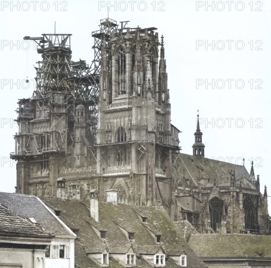 The cathedral of Regensburg, building site, construction of the towers in 1865, Bavaria, Germany,