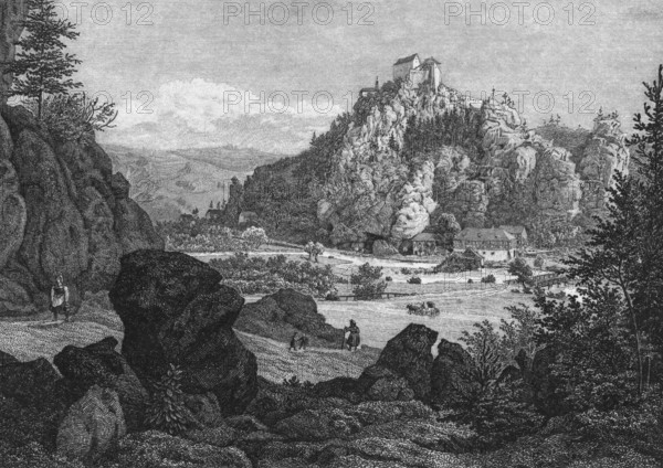 Castle Rabeneck around 1850, high medieval aristocratic castle, above the valley of the Wiesent in