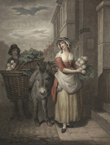 Young woman, greengrocer with turnips and carrots, in a basket on a donkey, goes from house to
