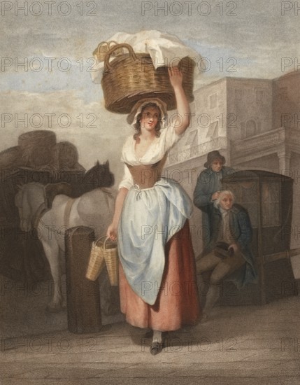 Young woman, merchant with a large basket on her head, on her way to market, England, c. 1790,