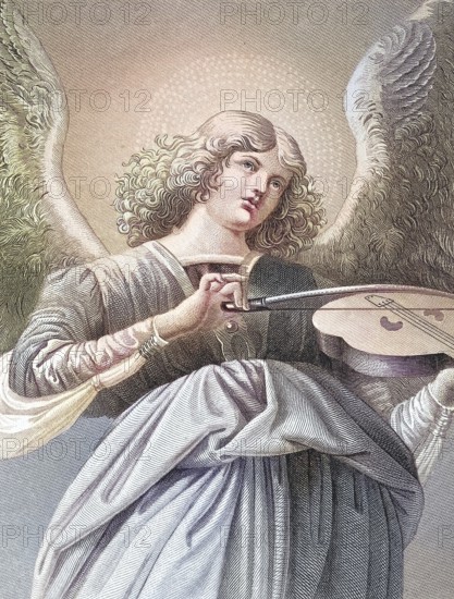 Music-making angel with a violin, An angel with curly hair plays the violin, surrounded by a