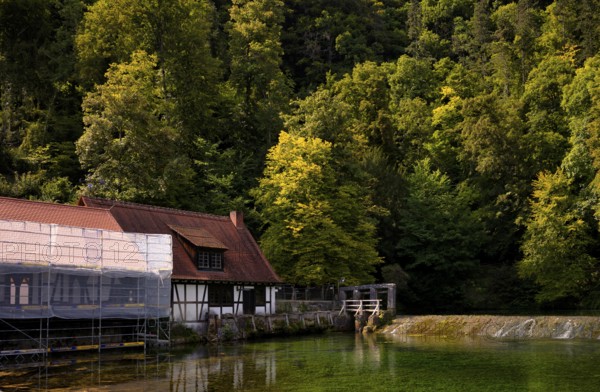 Construction site at the Blautopf, scaffolding, scaffolded mill without mill wheel, water wheel,