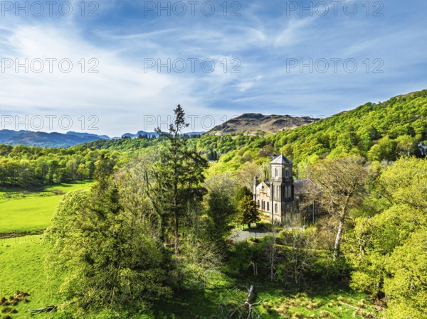 Holy Trinity Church from a drone, Bog Lane, Brathay village, Lake District, Cumbria, England,