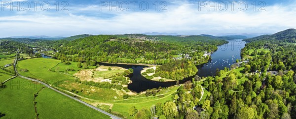 Panorama of Windermere Lake from drone over Fell Foot Park, Lake District, Cumbria, England, United