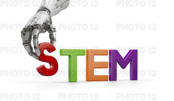 Robotic hand placing magnetic plastic letter down next to other letters to spell STEM for science,
