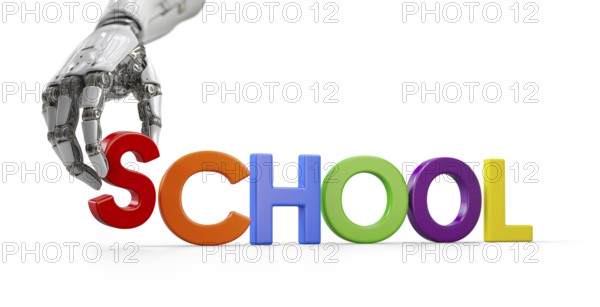 Robotic hand placing magnetic plastic letter down next to other letters to spell school isolated on