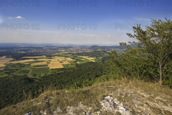 Sweeping view from the Breitenstein rock plateau over fields and hills under a clear sky, Bissingen