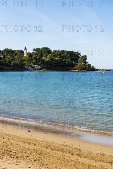 Picturesque beach and lighthouse, Plage de La Baumette, Saint-Raphaël, Massif de l'Esterel, Esterel