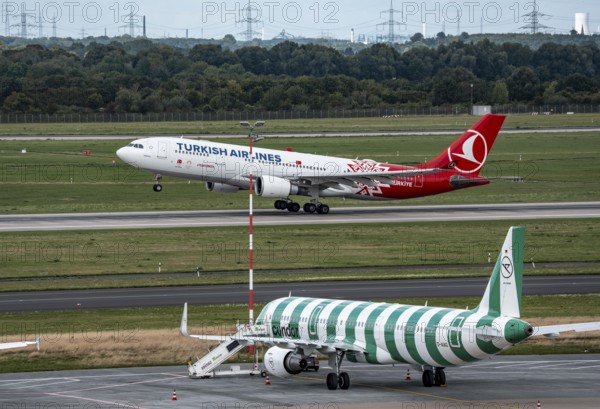 Düsseldorf Airport, Condor Airbus A321-200, aircraft on the apron, Turkish Airlines Airbus A330-200