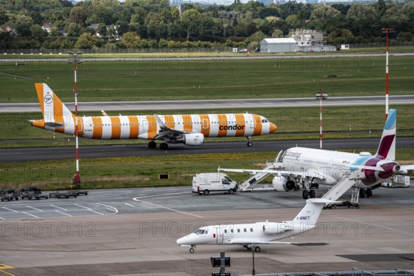 Düsseldorf Airport, Condor Airbus aircraft on the apron, Eurowings Airbus, private aircraft Cessna