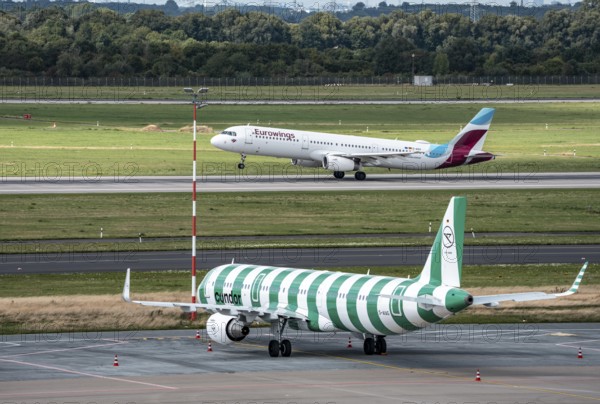 Düsseldorf Airport, Condor Airbus A321-200, aircraft on the apron, Eurowings Airbus A321-231, on