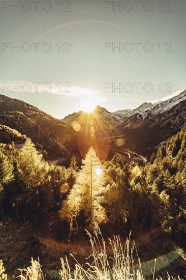Autumn atmosphere in the Swiss Alps in the Engadine. Photographed from the village of Maloja on the