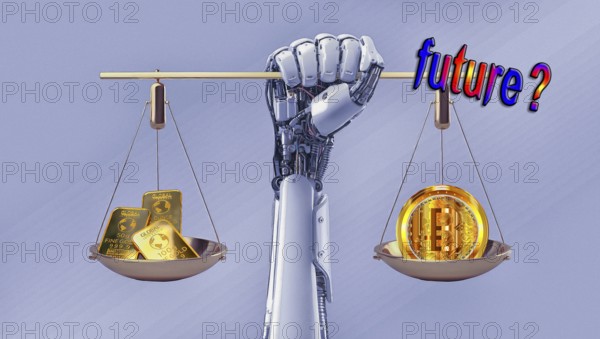 Symbolic image, gold or bitcoin, insecure digital currency, bitcoin, gold as a reserve currency,