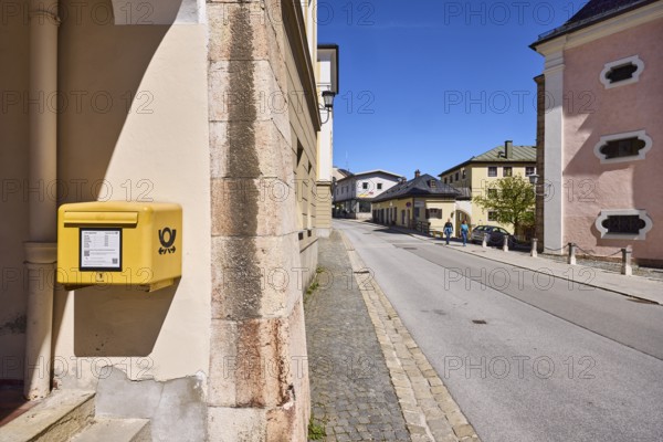 General architecture, letterbox, Deutsche Post AG, facade, pavement, cobblestones, street, asphalt,