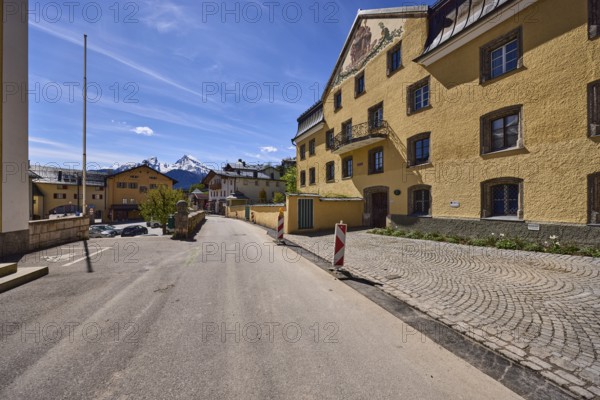 Historical buildings, general architecture, barrier beacons, facade, windows, flagpoles, mountain
