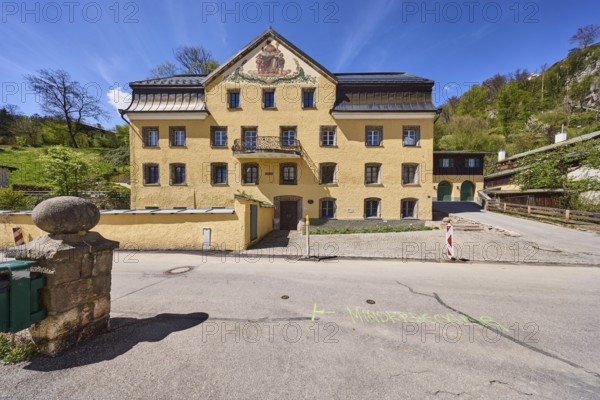 Historic buildings, frescoes, aerial painting, facade, window, balcony, mountain landscape, hill,
