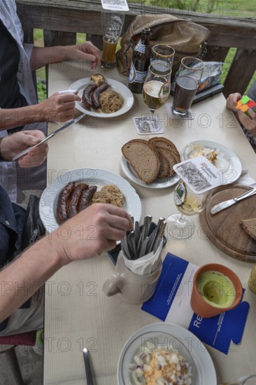 Food in a pub in Middle Franconia, sausages with sauerkraut and bread, Middle Franconia, Bavaria,