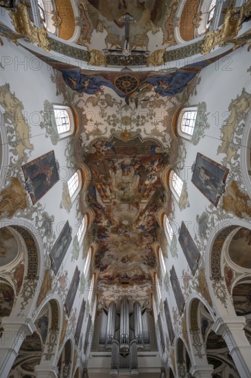 Interior with organ loft, ceiling frescoes in the nave from 1746, St Martinus and Maria Church,