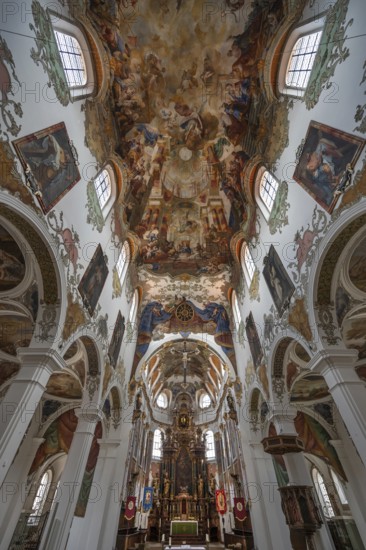 Interior with ceiling frescoes in the nave from 1746, St Martinus and Maria Church, 14th century,