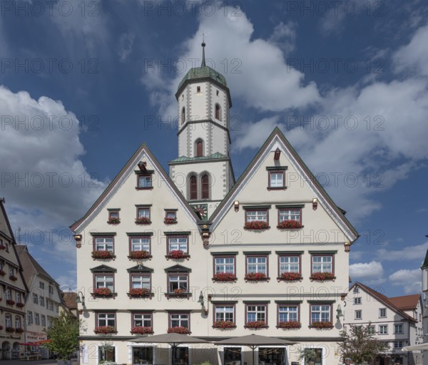 Gabled houses with a view of the tower of St Martin's Church, market square, Biberach,