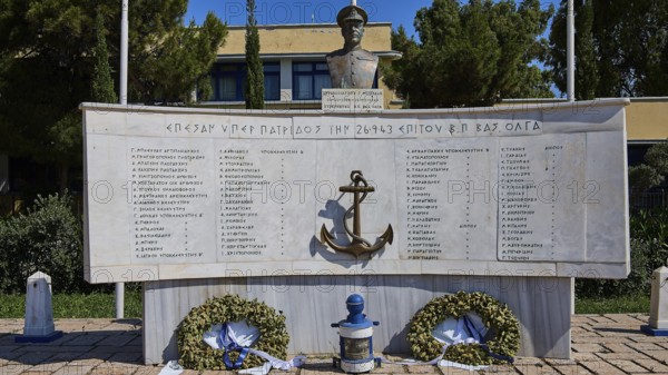 A monument with bust and anchor in the centre, surrounded by plaques with inscriptions and wreaths,