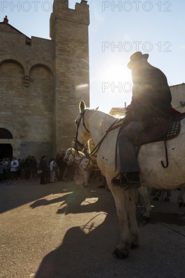 Guardian of the Camargue, rider on Camargue horse in front of the church, sunbeams, pilgrimage,