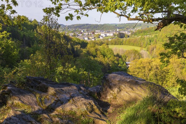 Viewpoint Teufelsnase with view over the Zschopau valley with aqueduct and town view of Zschopau,