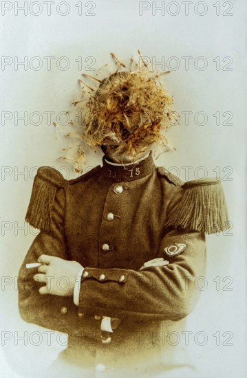 A soldier stands confidently, sporting a distinctive uniform with epaulettes, while a curious