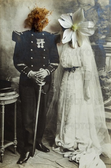 A couple dressed in historical wedding attire stands together. Their faces are creatively replaced