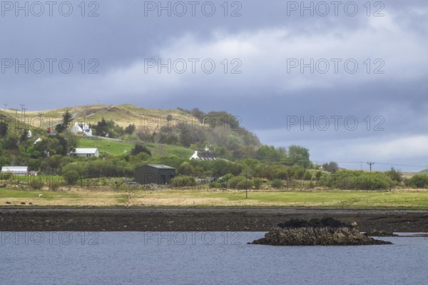 Farms over Loch Sligachan, Sligachan, Isle of Skye, Scotland, UK