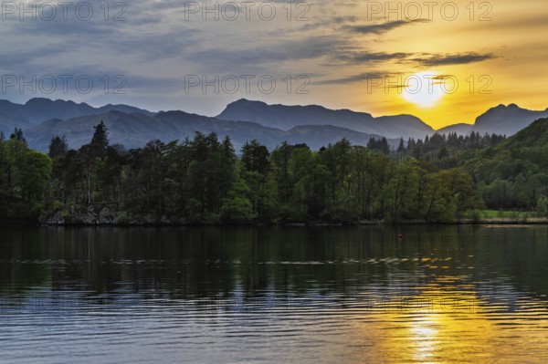 Sunset over Windermere Lake from a drone, Ambleside, Lake District, Cumbria, England, United