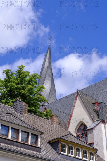 Twisted tower, parish church of St Clemens, Mayen, Vulkaneifel, Eifel, Rhineland-Palatinate,