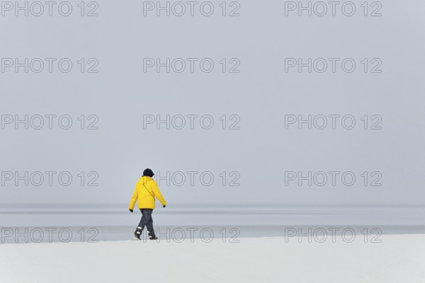 Winter day, onset of winter, person walking over a snow-covered dyke, North Sea, Norddeich, Lower