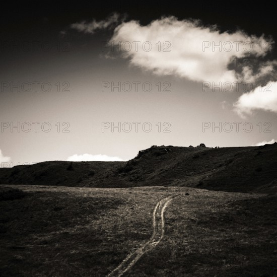 A dirt trail meanders through a rugged terrain with rolling hills and dramatic skies. Auvergne
