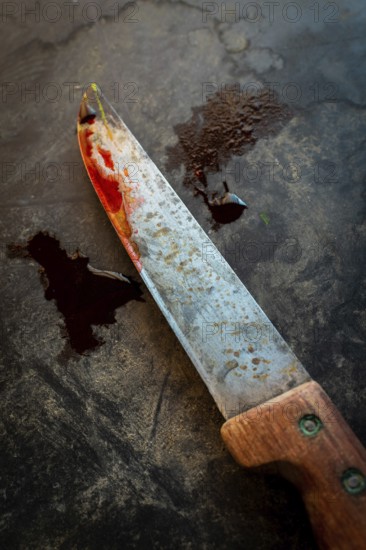 A worn knife with a rusty blade and wooden handle rests on a dark, textured surface. Traces of red