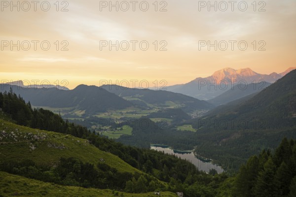 Magical sunset at the Halsalm above the Hintersee with views of the Hoher Göll and Untersberg