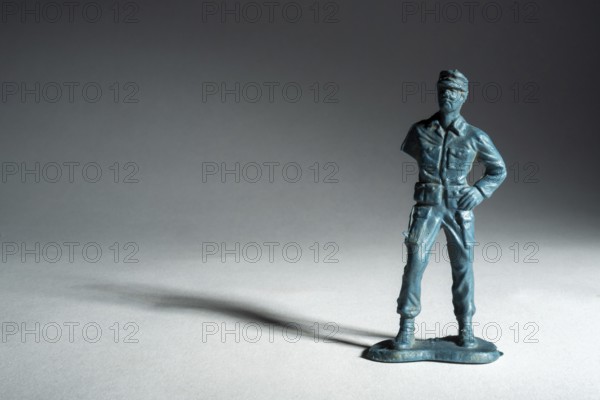 A small toy soldier figure stands upright with a confident pose. The soft lighting creates a