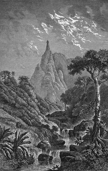 Mount Pieter Both with pointed peak (820m), idyllic lonely landscape with waterfalls, dense