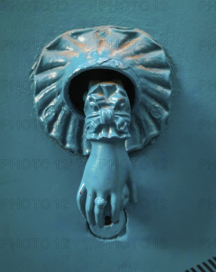 This unique door knocker features a lion's paw design with detailed craftsmanship. Its turquoise