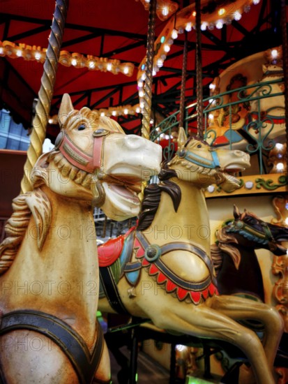 Colorful vintage carousel horses stand at an amusement park, illuminated by soft lights, inviting