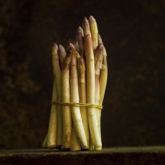 This close up showcases a bundle of fresh asparagus, tightly tied together with a natural twine.