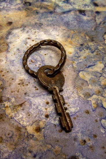 An aged key lies on a beautifully textured surface, showcasing its unique design and patina. The
