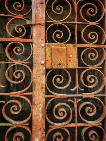 A weathered iron gate showcases detailed swirling patterns, highlighting years of exposure to the
